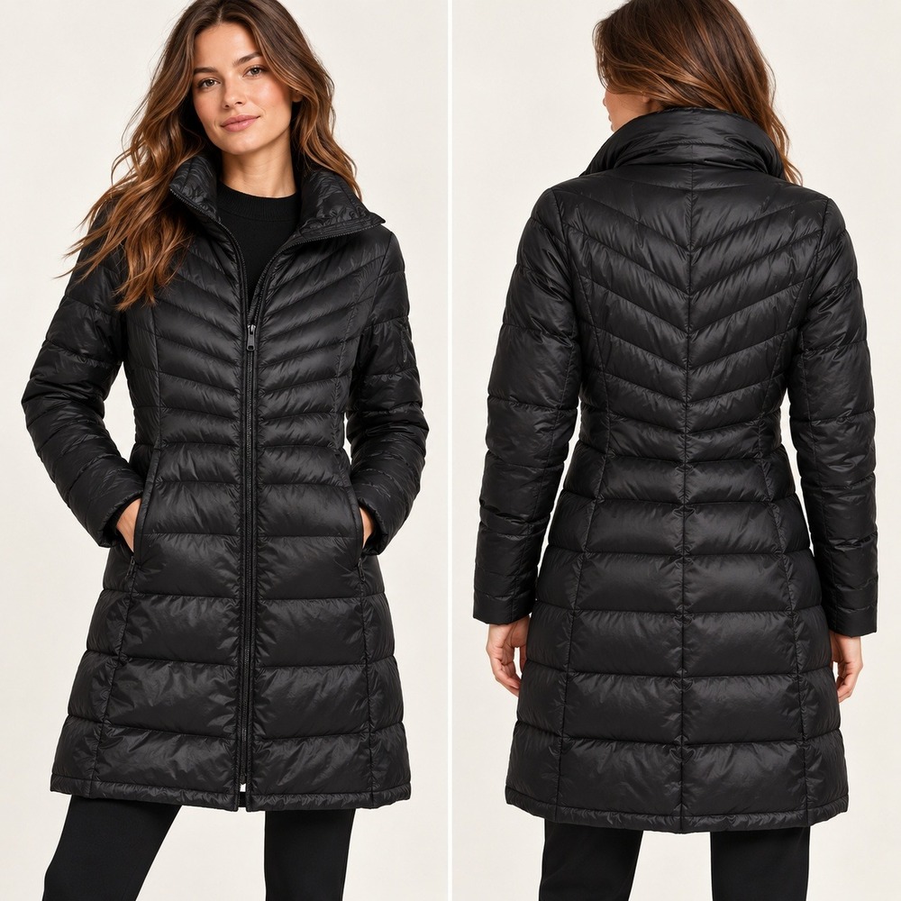 Bernardo Goose Down Long Puffer Coat Womens Black Chevron Quilted Winter Commute